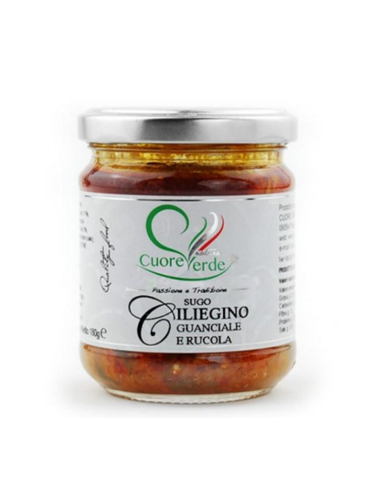 Sugo ciliegino con guanciale e rucola