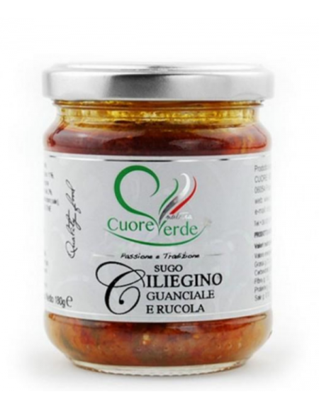 Sugo ciliegino con guanciale e rucola